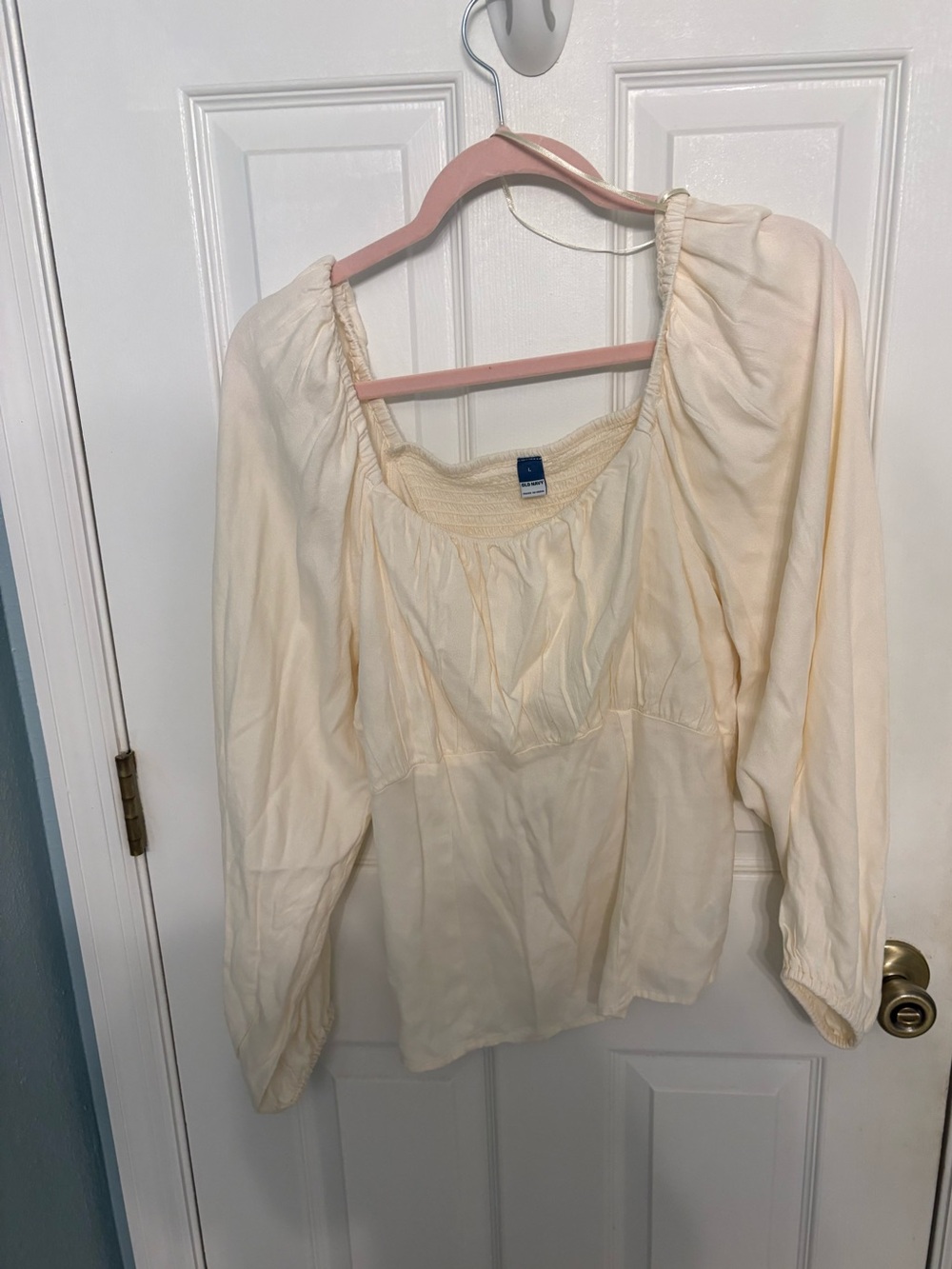 Old Navy Cream Square Neck Smocked Long Sleeve Blouse Large